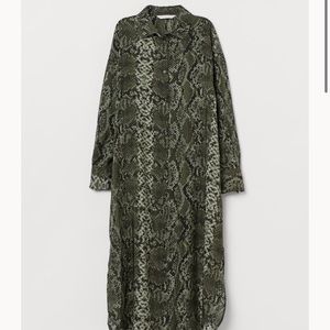 H&M LONG GREEN BLACK ANIMAL PRINT SHIRT DRESS XL